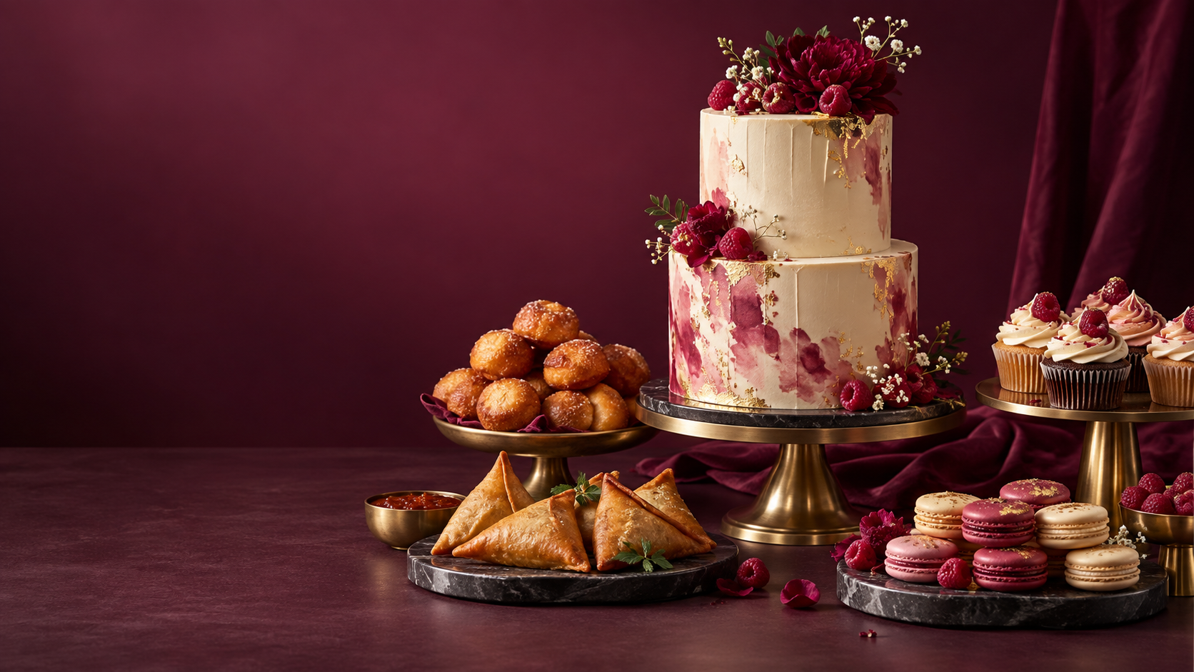 Celebration cake, cupcakes and small chops on a plum backdrop
